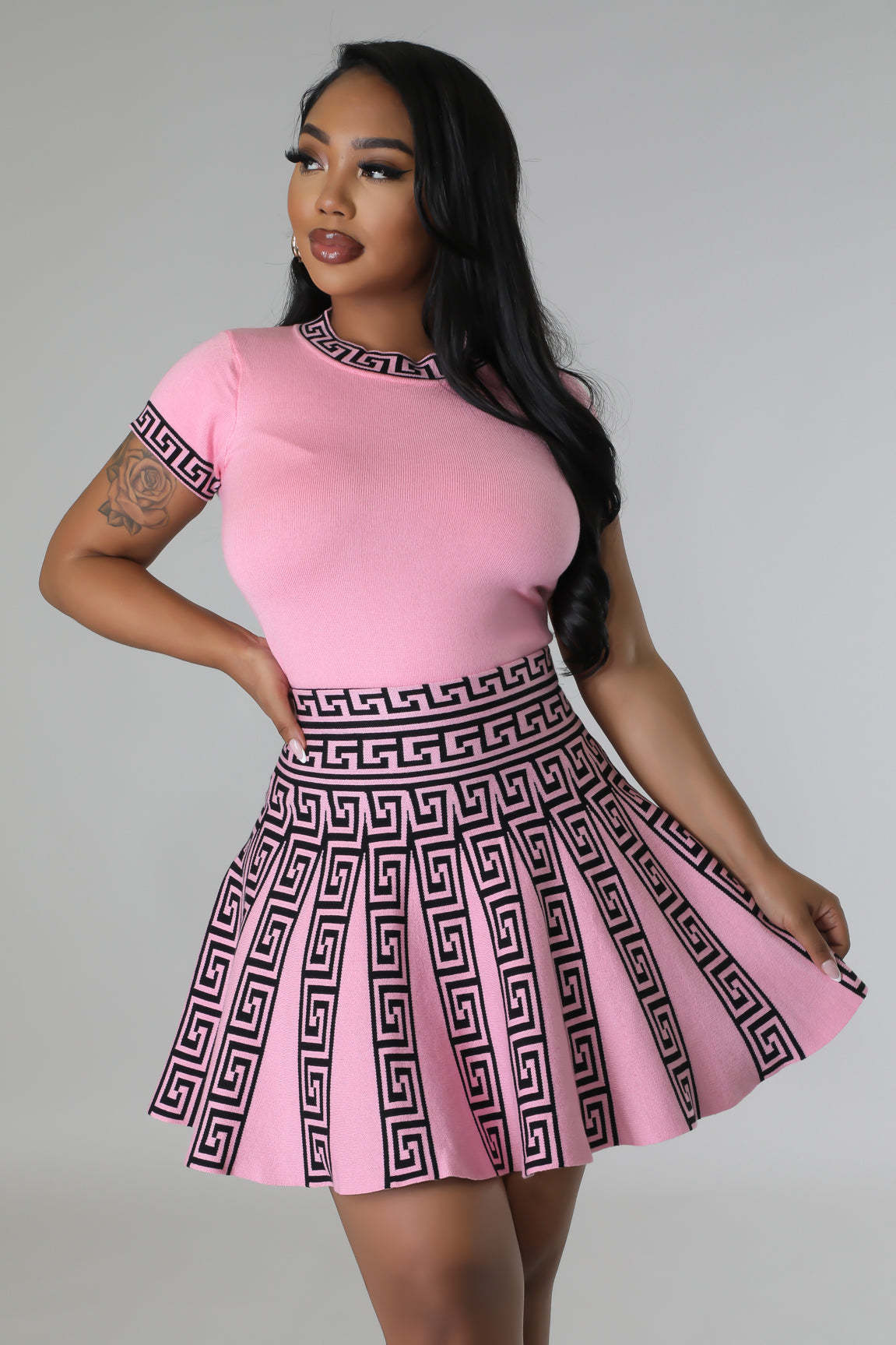 BamBam Fashion Print Round Neck Short Sleeve Pleated Two-Piece Skirt Set Female - BamBam