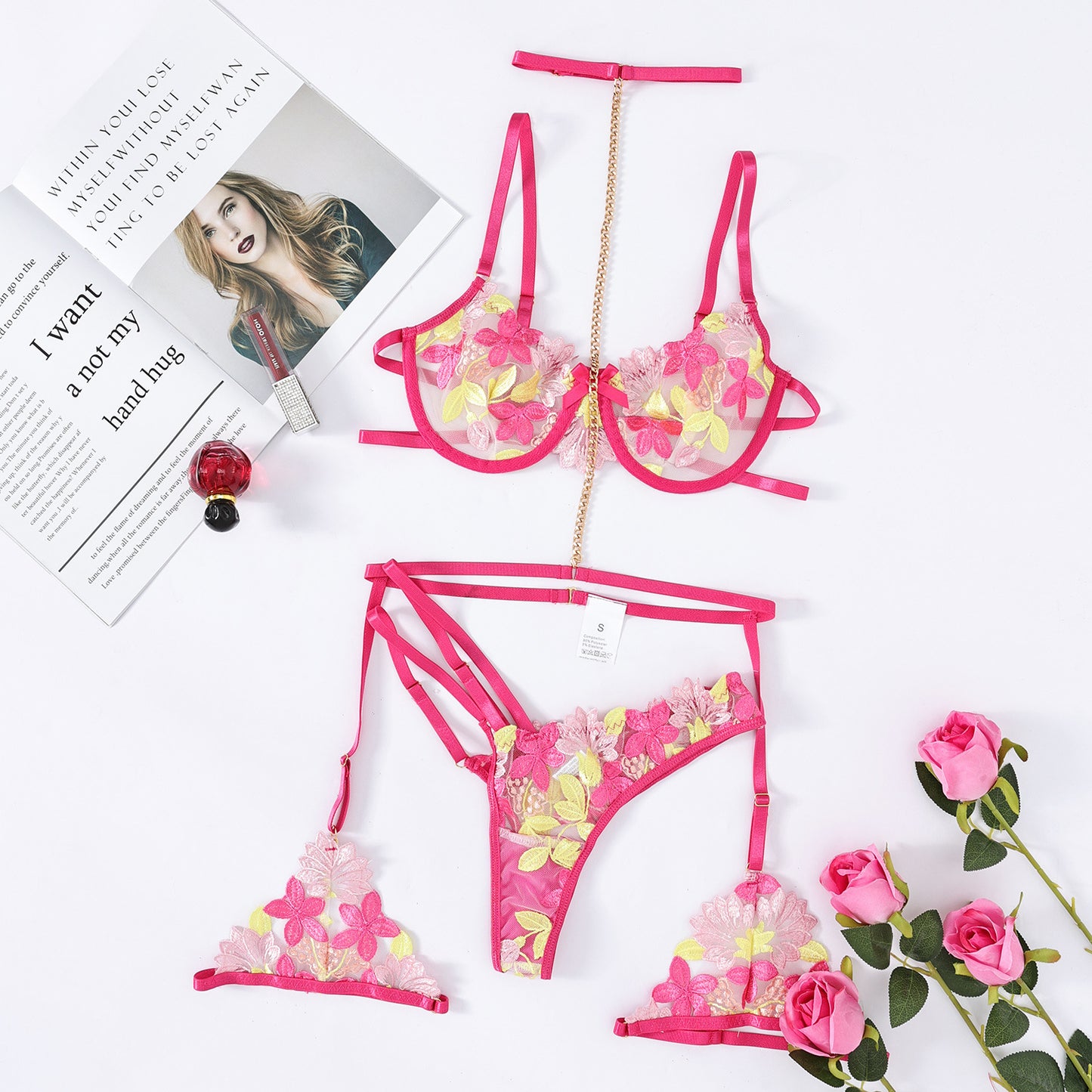 BamBam Women Lace floral embroidered mesh sexy lingerie two-piece set - BamBam