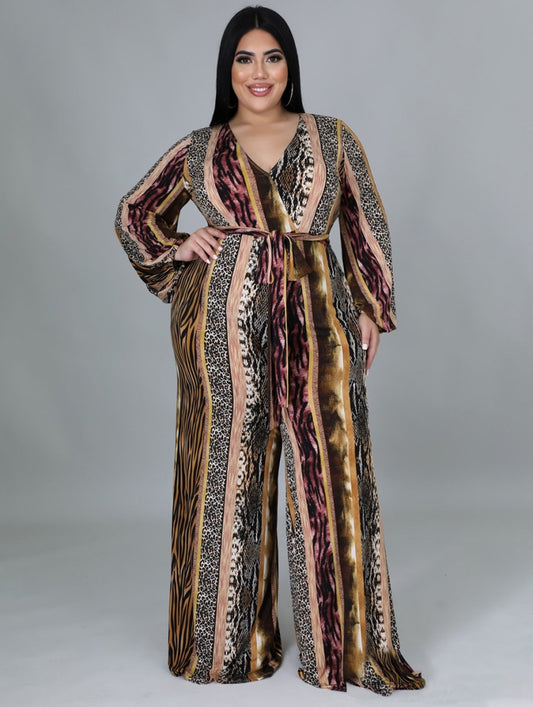 Autumn Plus Size Leopard Print V-Neck Formal Jumpsuit with Belt