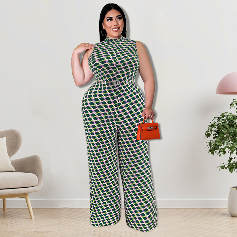 BamBam Plus Size Women Clothes Elegant Plaid Stand Collar Sleeveless Wide Leg Jumpsuit - BamBam Clothing