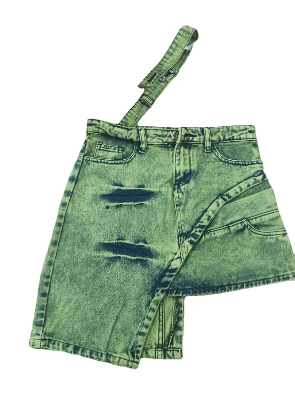 BamBam Trendy Belt Style Green Denim Skirt Women's Irregular Short Skirt - BamBam