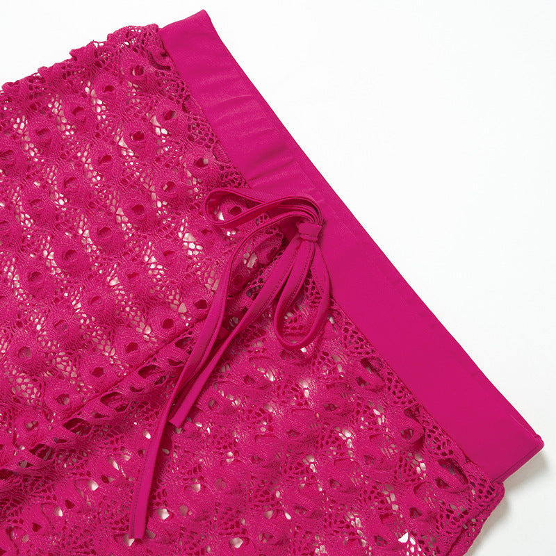 BamBam Women's Summer Flower Pattern Hollow Long Sleeve Top Shorts Casual Two Piece Set - BamBam