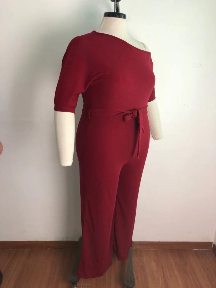 BamBam Summer Plus Size Burgunry Slash Shoulder Formal Jumpsuit - BamBam Clothing