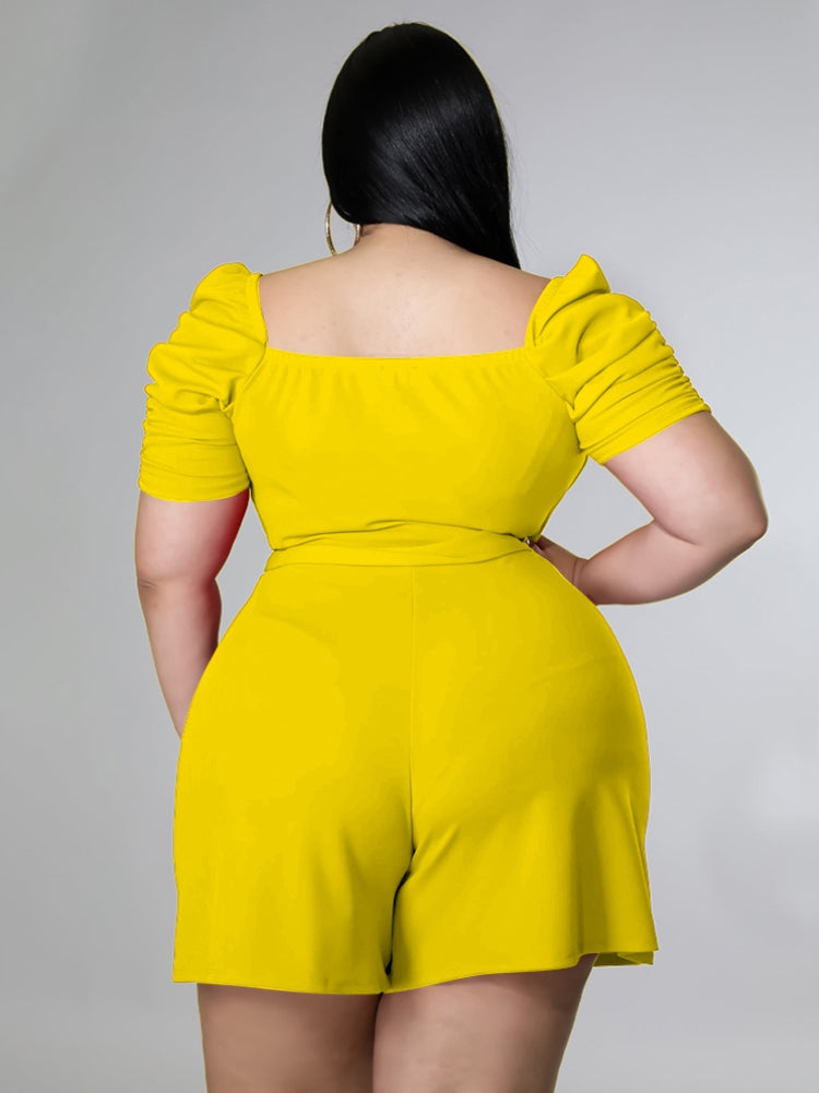 BamBam Women Summer Yellow Casual Square Collar Short Sleeves Solid Belted Short Regular Plus Size Jumpsuit - BamBam Clothing