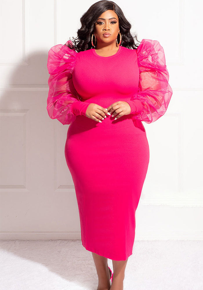 Fashion Solid Color Puff Mesh Long Sleeve V-Neck Plus Size Midi Dress