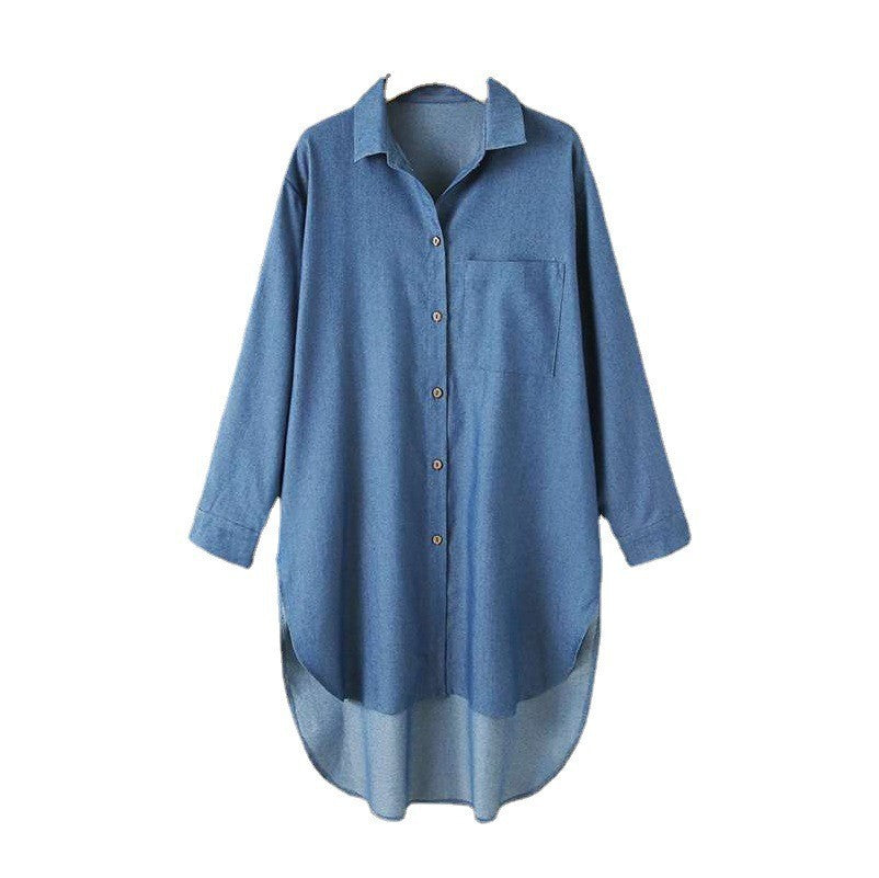 BamBam Women Long Sleeve irregular sides Denim Shirt - BamBam