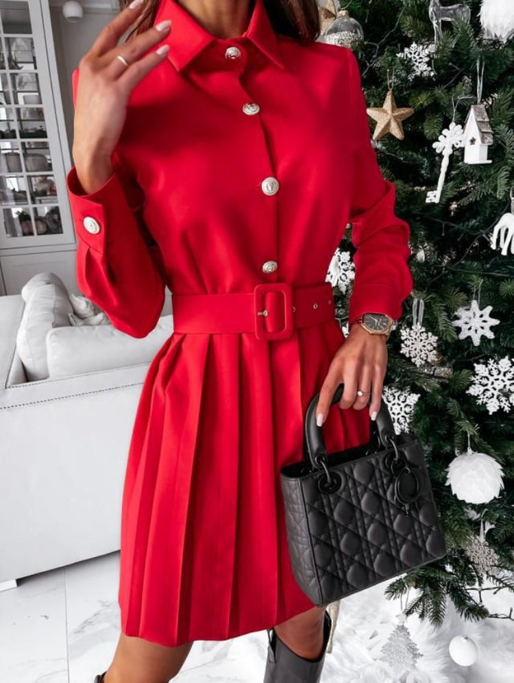 BamBam Women Autumn Red Modest Turn-down Collar Full Sleeves Solid Pleated Mini A-line Office Dress - BamBam