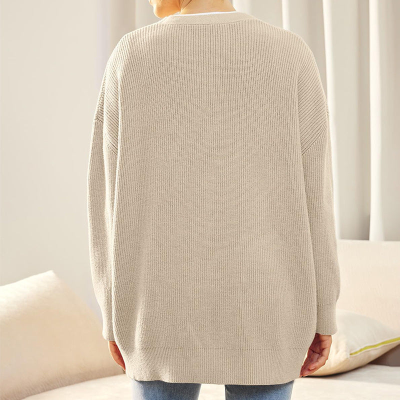 BamBam Knitting Cardigan Women's Button V-Neck Solid Color Sweater For Women - BamBam