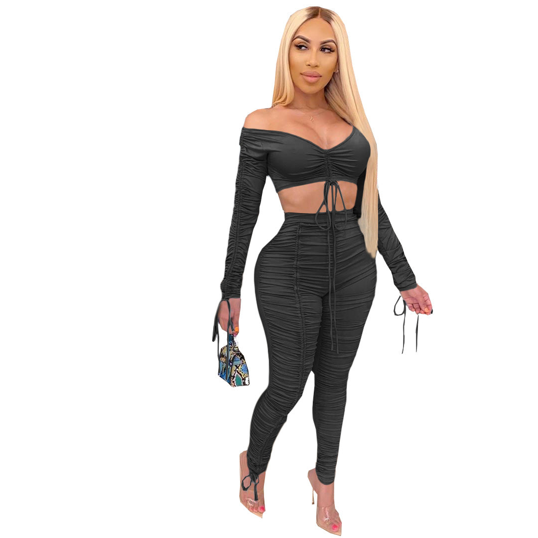 BamBam Sexy Women's Fashion Ruched Off Shoulder Solid Sexy Casual Two Piece Pants Set - BamBam