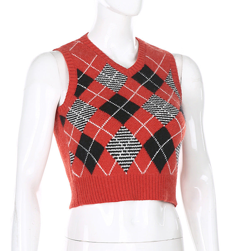 BamBam Women Solid Plaid Sleeveless V-Neck Sweater - BamBam