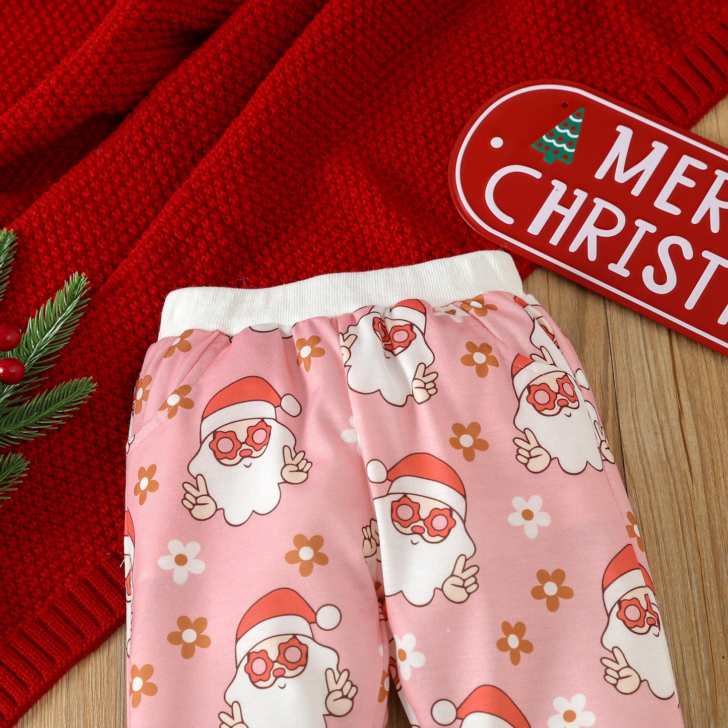 BamBam Christmas Girl cartoon Santa Claus printed long-sleeved Top and Pant two-piece set - BamBam