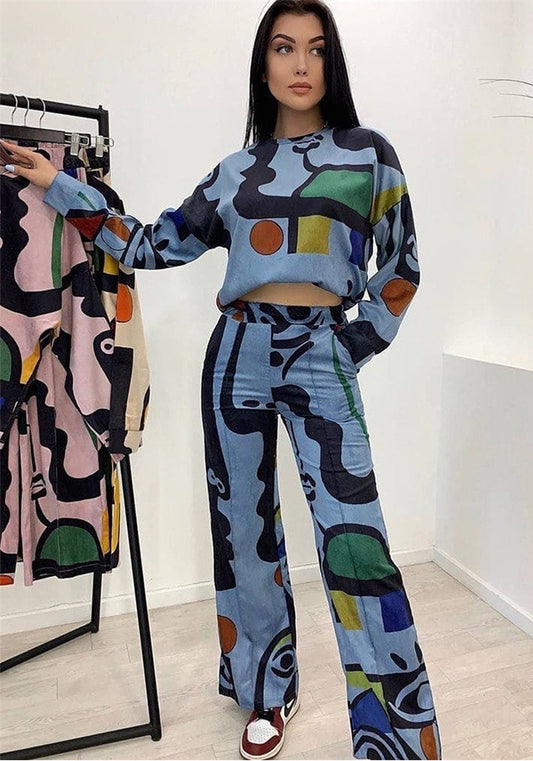 Autumn And Winter Women's Fashion Style Graffiti Printed Loose Long Sleeve Shirt Straight Pants Two Piece Set