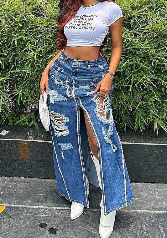 Women Ripped Washed Slit Patchwork Sexy Denim Skirt