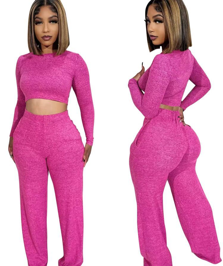 BamBam Women's Fashion Long Sleeve Crop Tops And Pants Casual Two Piece Set - BamBam
