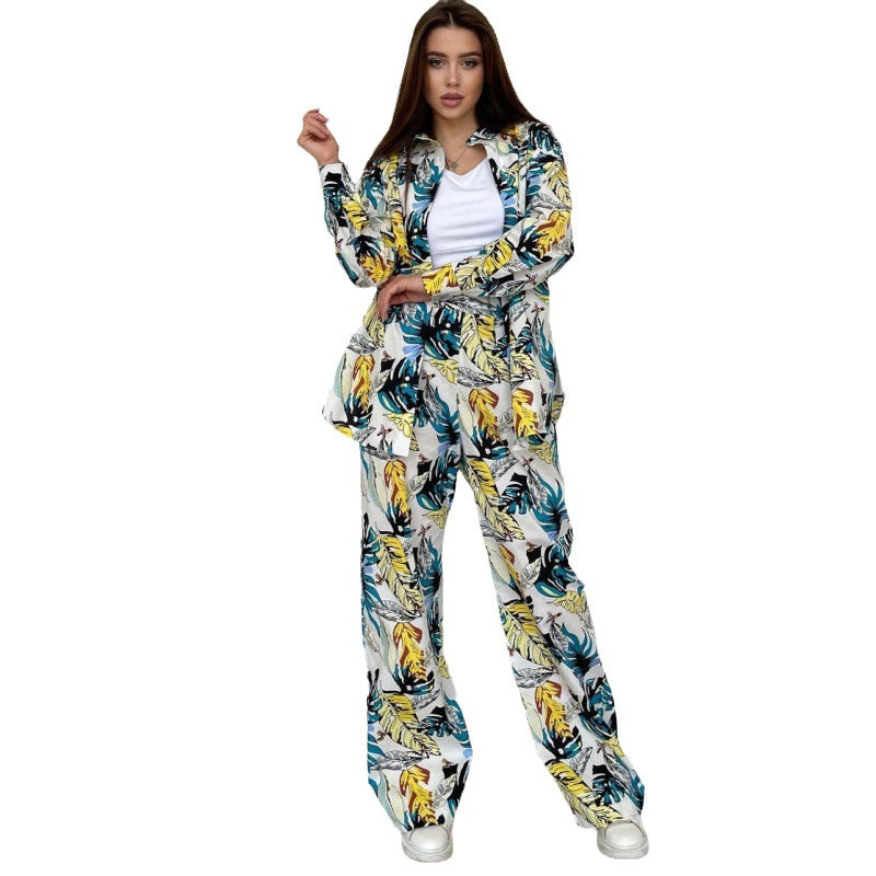 BamBam Autumn Fashion Floral Print Plus Size Loose Top High Waisted Wide Leg Pants Women Casual Suit - BamBam