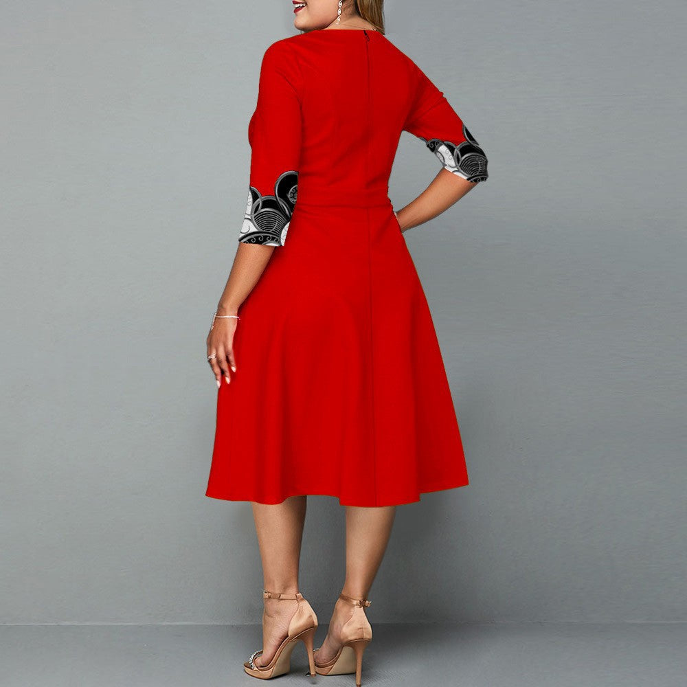 BamBam Fall Winter Women's Positioning Print Plus Size Long Sleeve Dress - BamBam