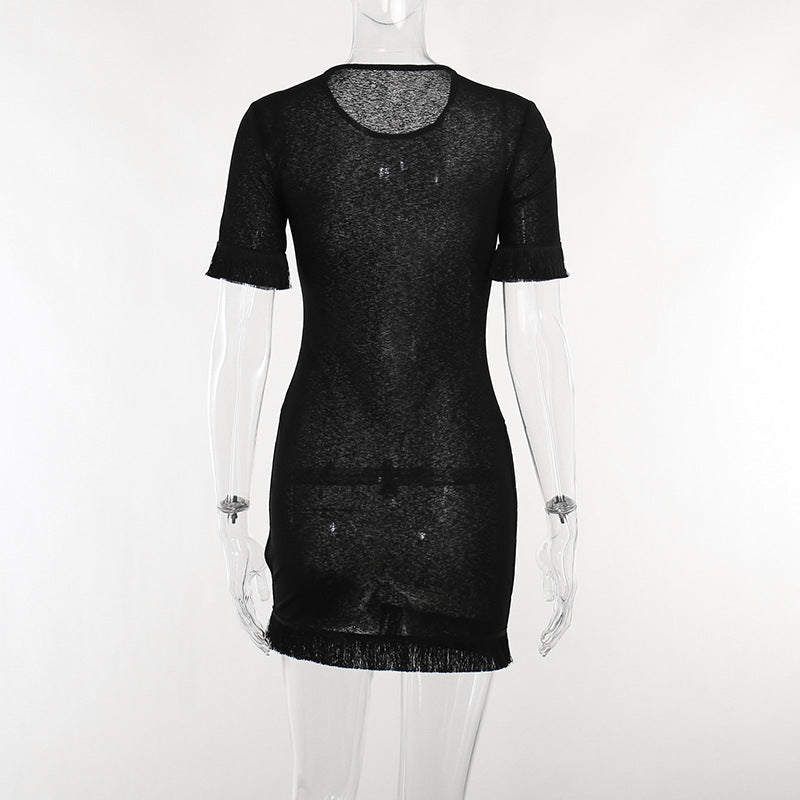 BamBam Sexy See-Through Round Neck Solid Tassel Short Sleeve Bodycon Slim Dress - BamBam Clothing