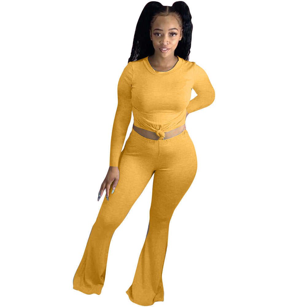 BamBam Women's Solid Color Tight Fitting Long Sleeve Bell Bottom Two Piece Pants Set - BamBam