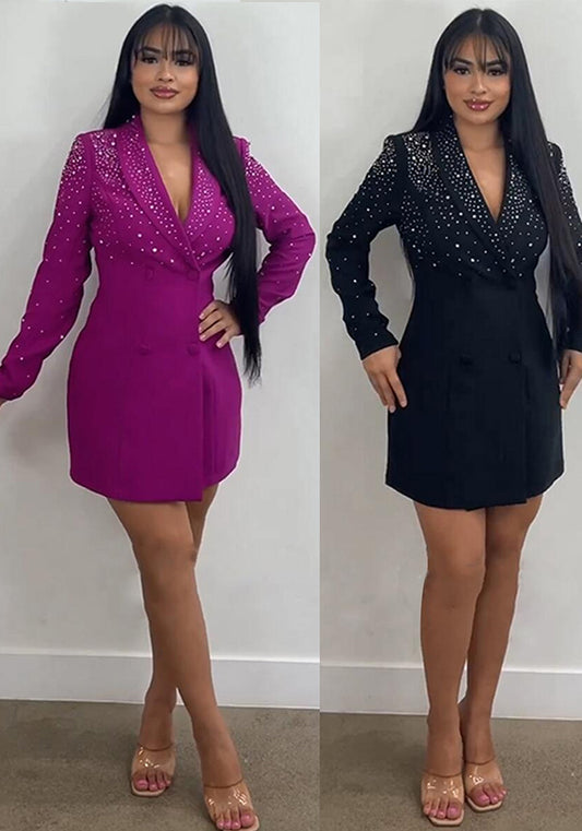 Sexy Solid Color Beaded Slim Waist Long-Sleeved Blazer Dress