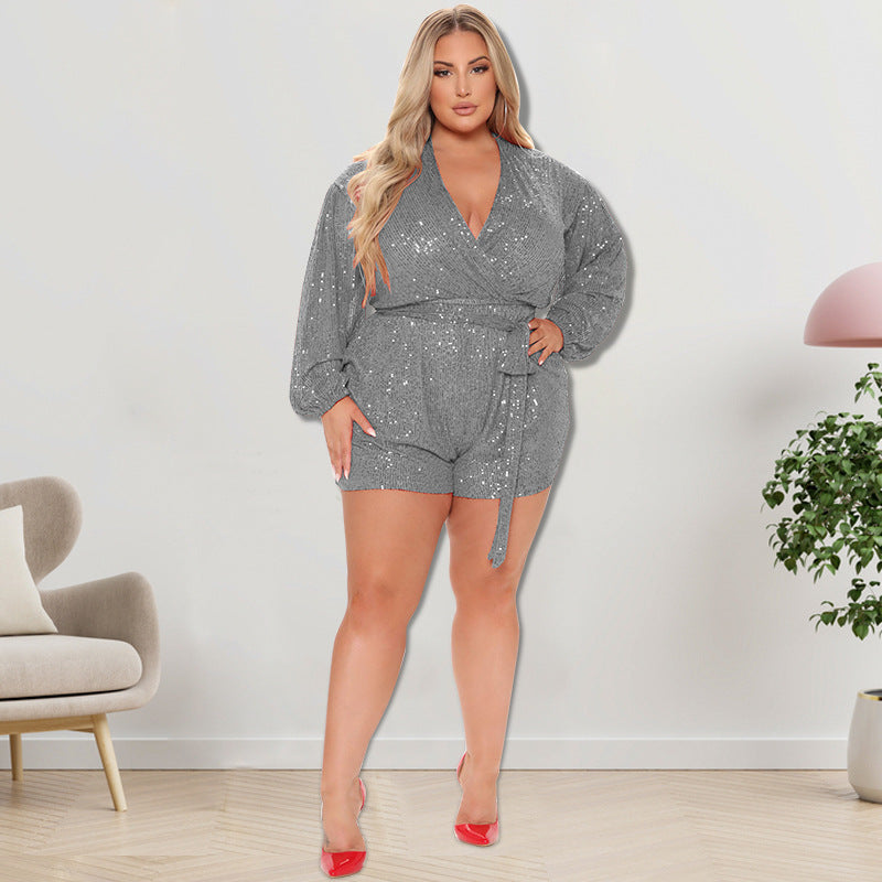 BamBam Plus Size Women's Sequins Long Sleeve V Neck Rompers - BamBam Clothing