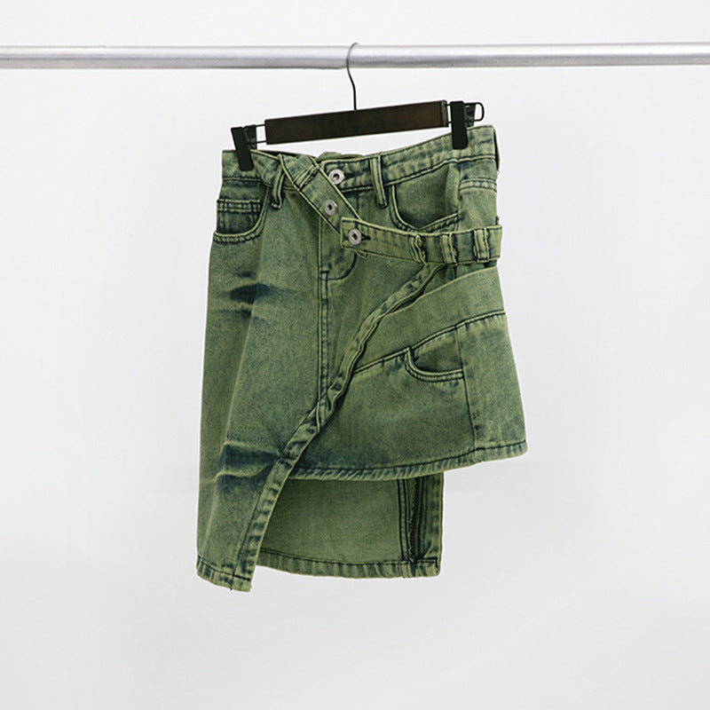 BamBam Trendy Belt Style Green Denim Skirt Women's Irregular Short Skirt - BamBam