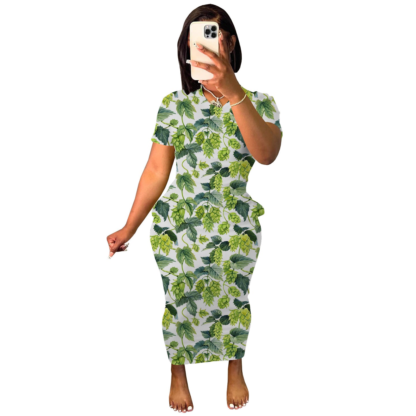 BamBam Ladie Casual Round Neck Side Pocket Short Sleeve Printed Maxi Dress for Women - BamBam