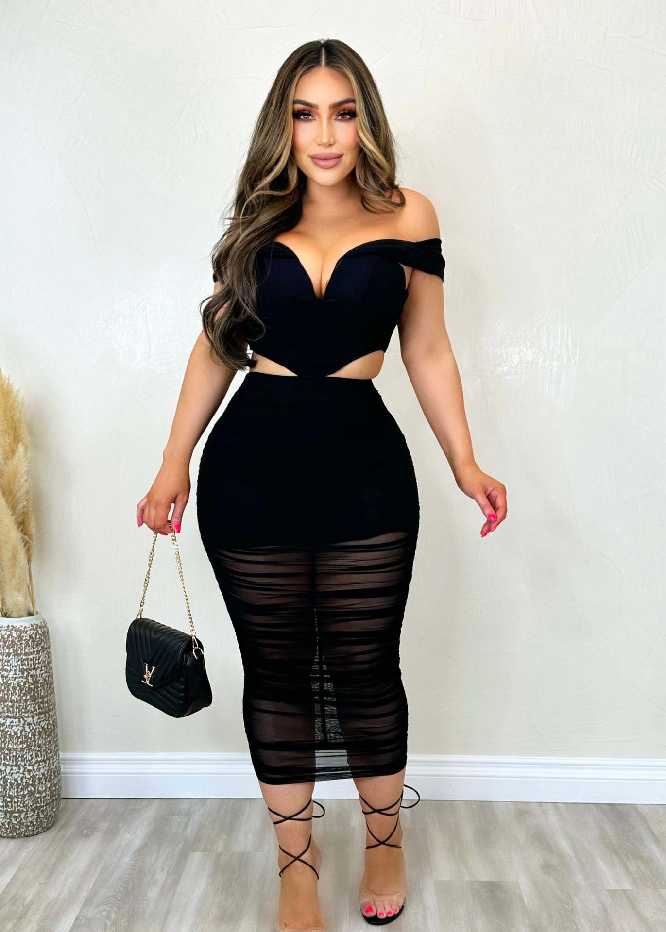 BamBam Slim And Sexy Mesh Patchwork See-Through Off Shoulder Bodycon Two-Piece Skirt Set - BamBam