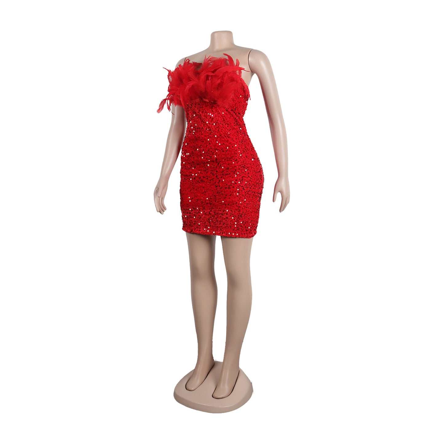 BamBam Sexy Feather Sequin Strapless Tight Fitting Slim Bodycon Dress - BamBam Clothing Clothing