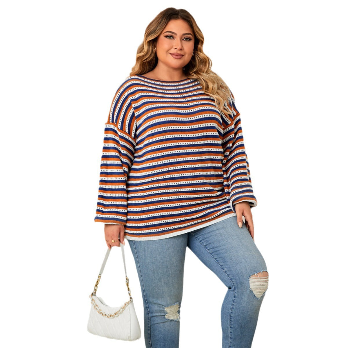 BamBam Plus Size Women Striped Loose Round Neck Top - BamBam