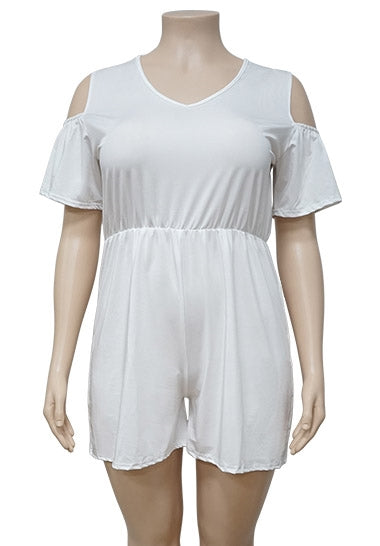 BamBam Plus Size Summer White Casual Rompers with Cut Out Shoulders - BamBam Clothing