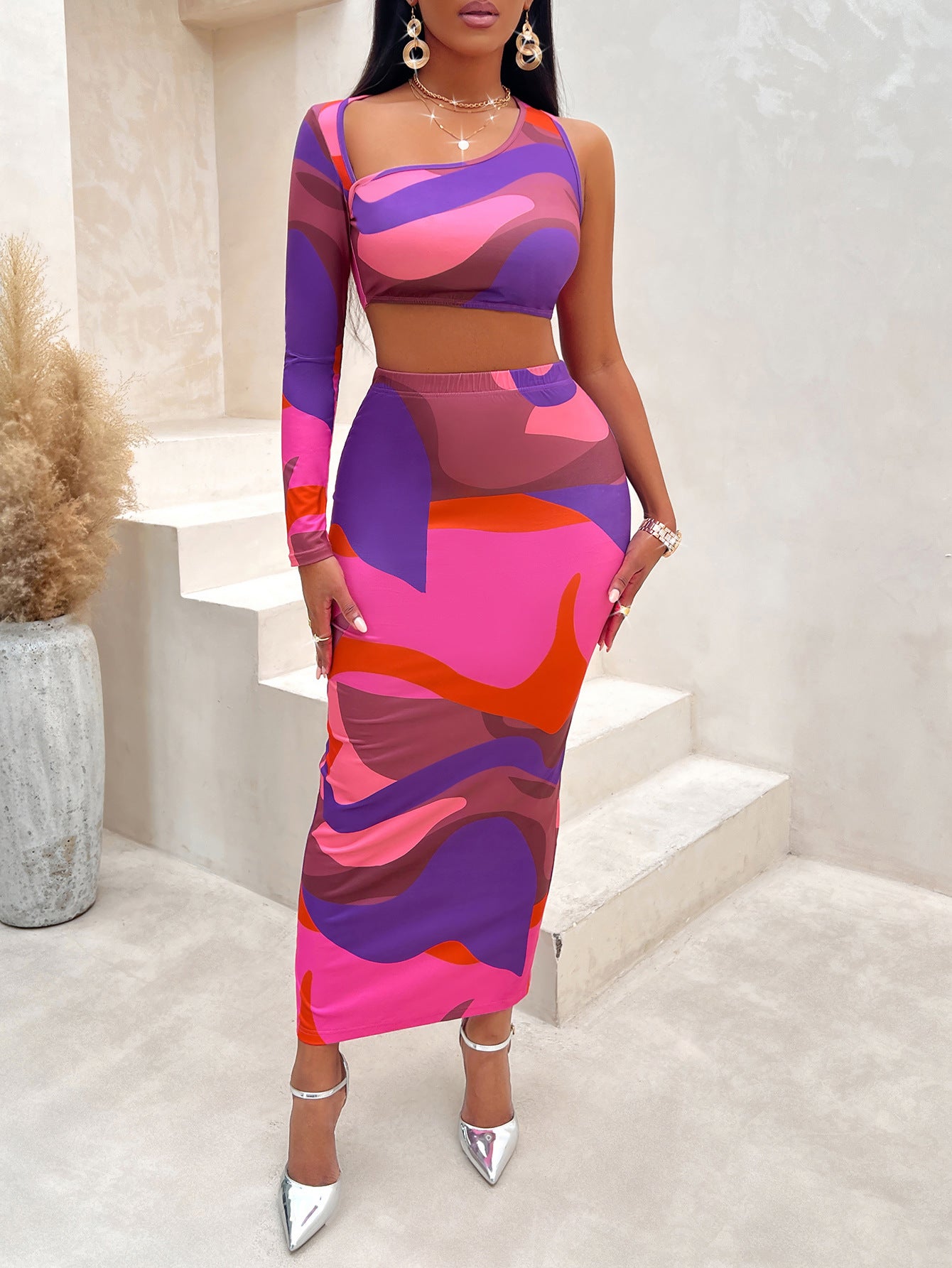 BamBam Women sexy printed asymmetrical one-shoulder Top and Skirt two-piece set - BamBam