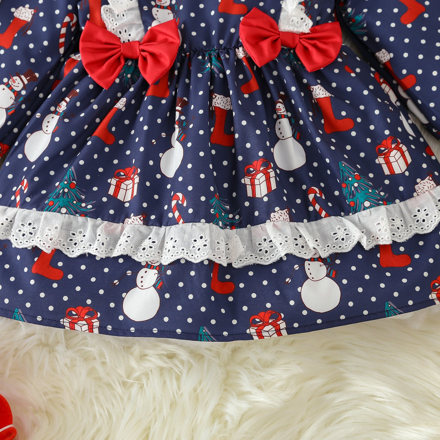 BamBam Christmas Girl autumn long-sleeved polka dot cartoon Santa Claus print dress - BamBam