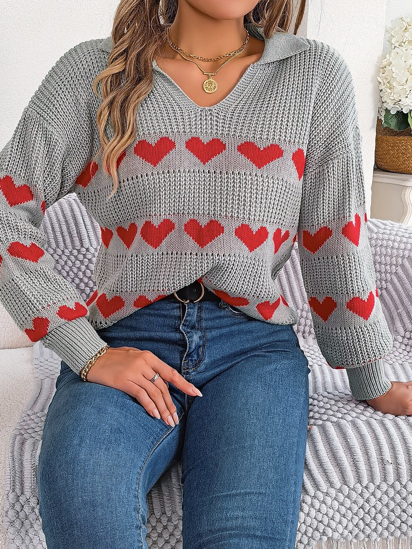 BamBam Women Fall/Winter Casual V-neck Balloon Sleeve Heart Print Sweater - BamBam