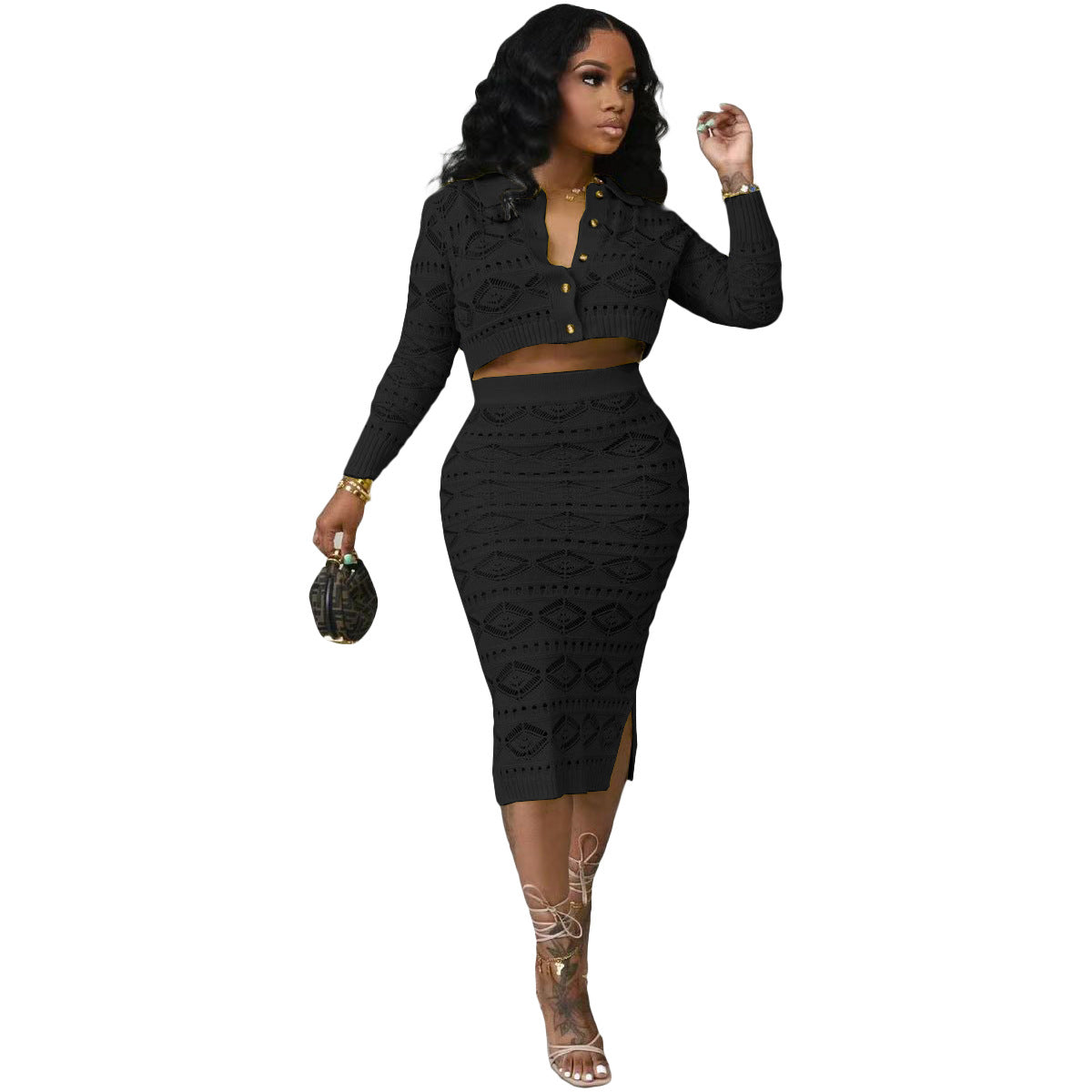 BamBam Fashion Sexy Knitting Hand Crochet Casual Two Piece Skirt Suit - BamBam