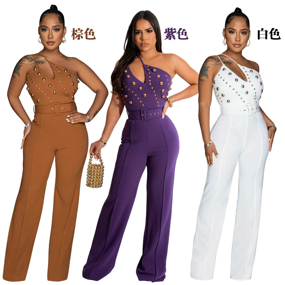 BamBam Women's Style Fashionable Solid Color Jumpsuit Slim One Shoulder One Piece Wide Leg Pants - BamBam Clothing