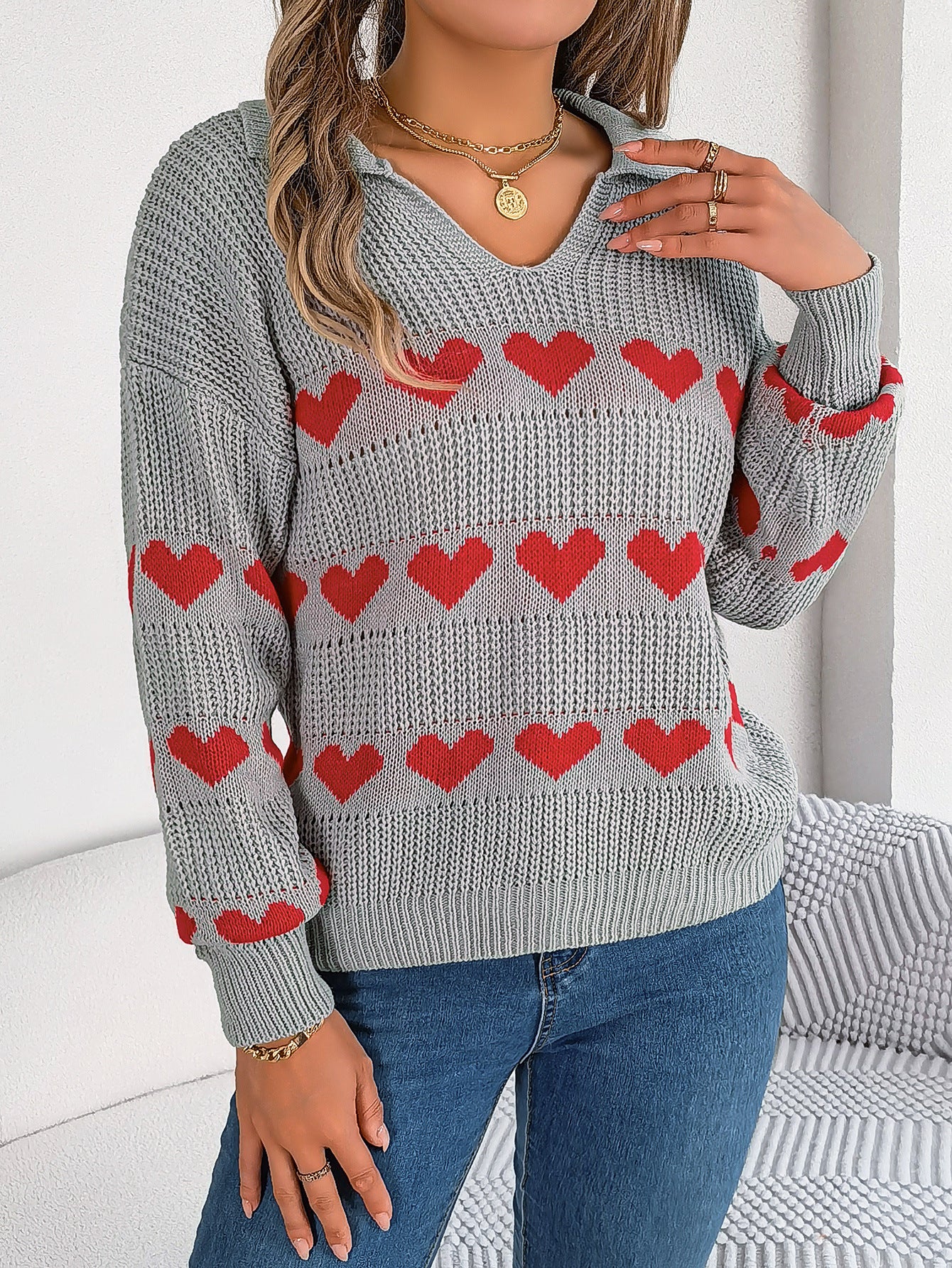 BamBam Women Fall/Winter Casual V-neck Balloon Sleeve Heart Print Sweater - BamBam