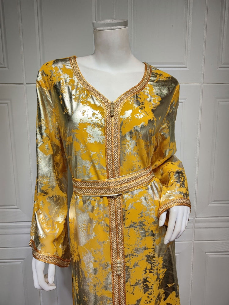 BamBam Spring Golden Printed Yellow V-neck Long Middle East Dubai Muslim Dresses - BamBam