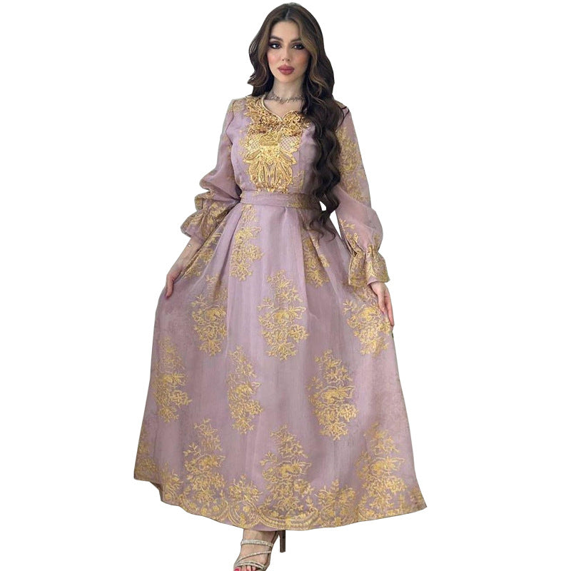 BamBam Eid Al-Adha Arab Dubai Embroidery Applique Dress Muslim Party Dinner Robe - BamBam