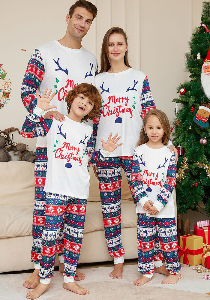 Christmas Cartoon Letter Antler Print Family Pajama Two Piece Set