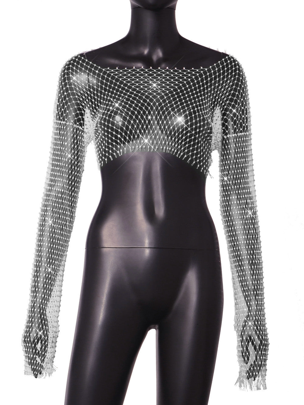 BamBam Women Sexy Hollow High Waist Bright Diamond Long Sleeve Fishnet Top - BamBam