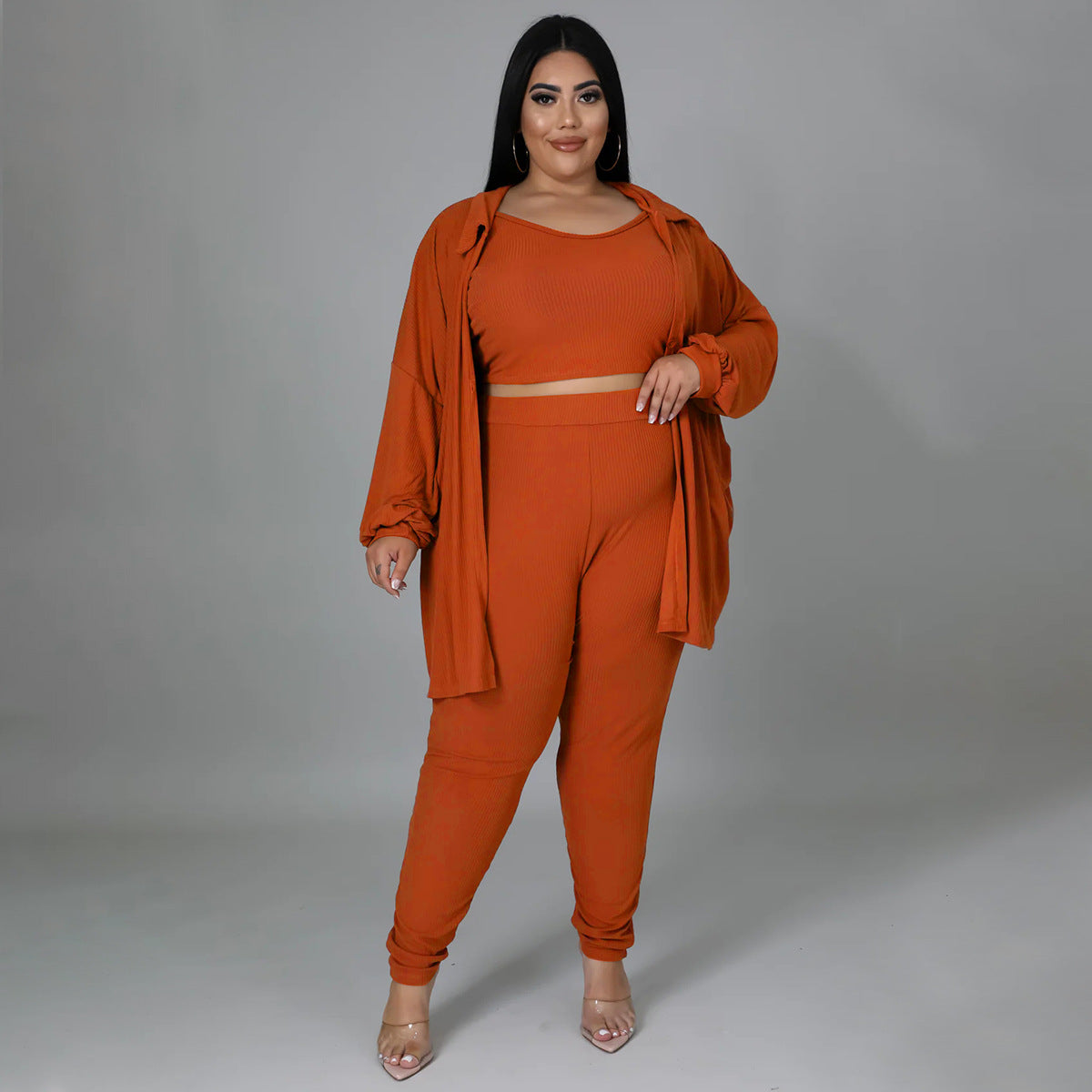 BamBam Plus Size Women Ribbed Solid Color Three-Piece Casual Sexy Pants Set - BamBam