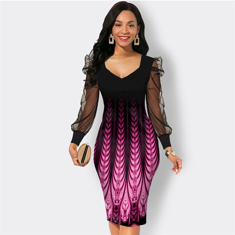 BamBam Women Autumn Printed Mesh Patchwork Long Sleeve Dress - BamBam Clothing