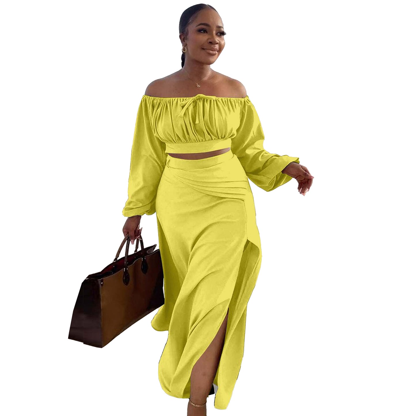 BamBam Plus Size Women Sexy Off Shoulder Balloon Sleeve Top and Skirt Two-Piece Set - BamBam