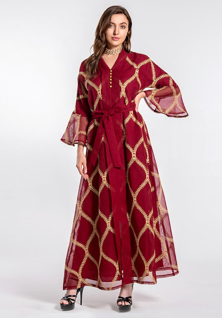 BamBam Women Summer Burgunry Arab Dubai Middle East Turkey Morocco Plaid Print Belted Islamic Clothing Kaftan Abaya Muslim Dress - BamBam