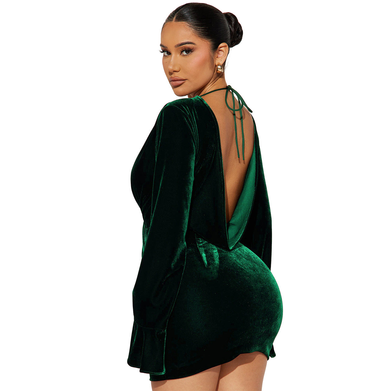 BamBam Women's Velvet V-Neck Low Back Sexy Bodycon Evening Ladies Dress - BamBam Clothing