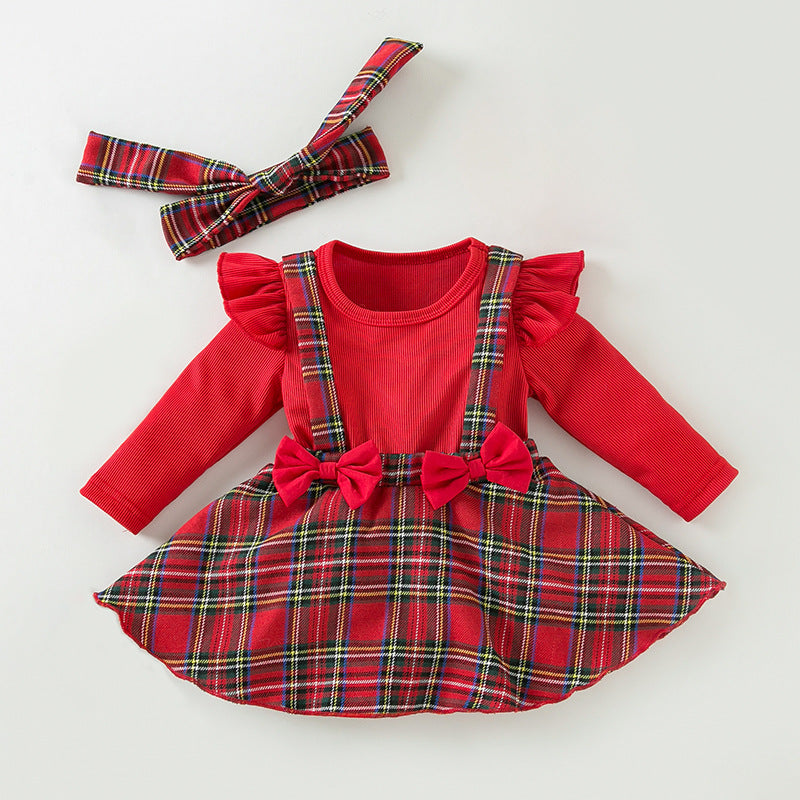 BamBam Baby Christmas Newborn Clothes Baby Long-Sleeved Fake Two-Piece Bow Plaid Dress - BamBam