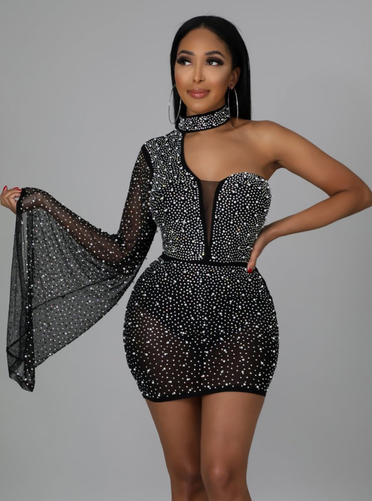 BamBam Fall Sexy Black Bling Beaded Choker One off Shoulder Club Dress - BamBam Clothing