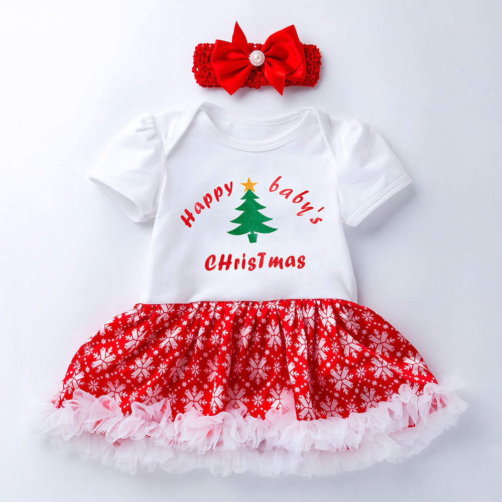 BamBam Christmas Girl Christmas Tree Socks Deer Head Short Sleeve Top and Skirt Two Piece Set - BamBam