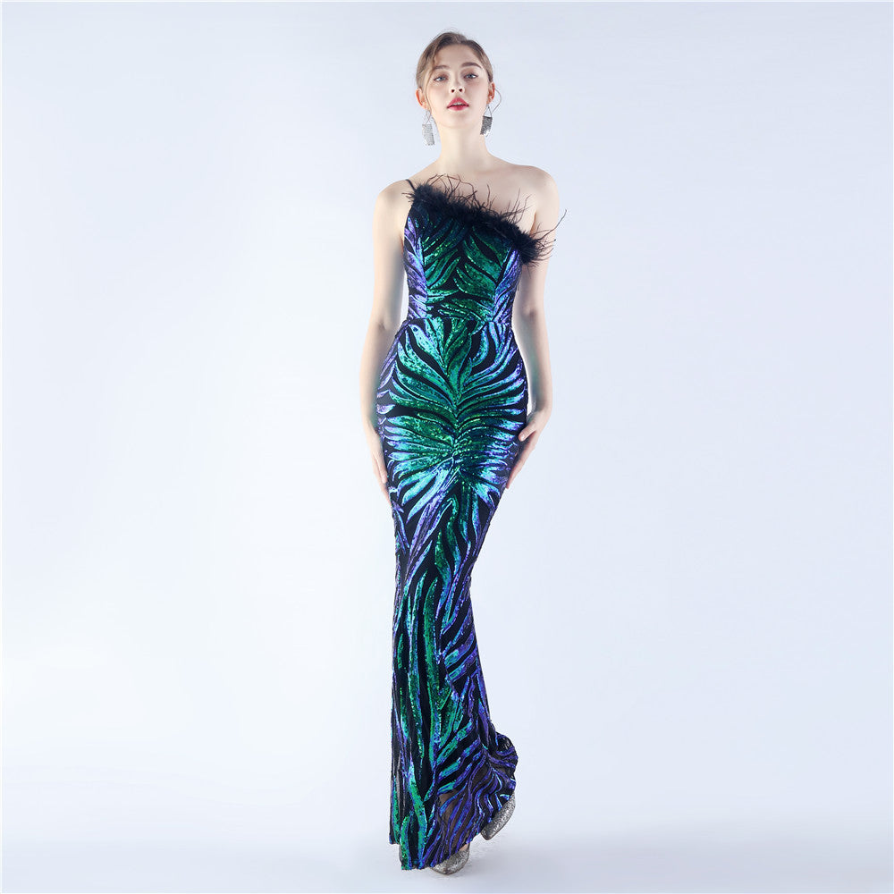 BamBam Women Sequined Ostrich Feather Slash Shoulder Evening Gown - BamBam Clothing