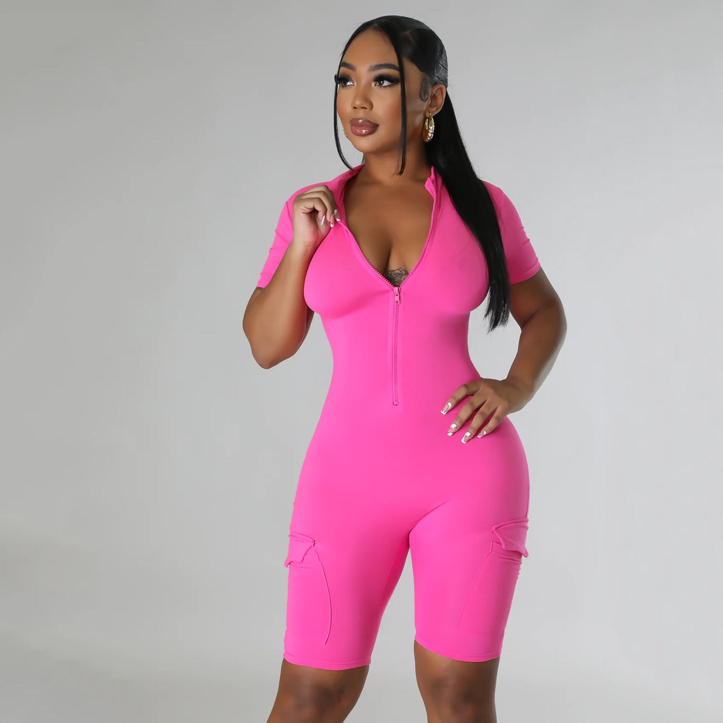 BamBam Summer Women's Sexy Tight Fitting Short Sleeve Solid Color Jumpsuit - BamBam